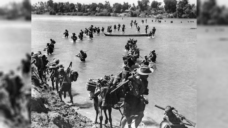 Gurkha Rifles of the British Indian Army crossing the Irrawaddy River