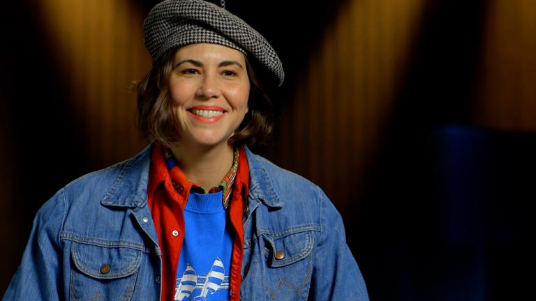 Lisa DeLarios doing a talking head interview for Storage Wars