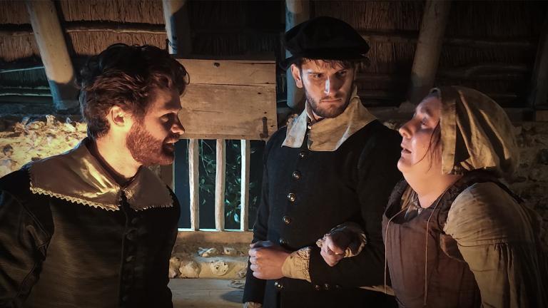 A re-enactment from 'Witches of Essex' shows Elizabeth Clarke confessing to Matthew Hopkins and John Stearne