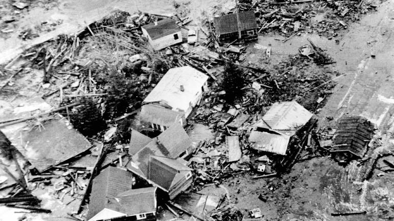 Damaged houses after an earthquake and tsunami in Alaska in 1964