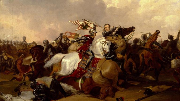 Painting depicting Richard III and Henry Tudor clashing at the Battle of Bosworth Field