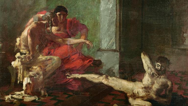 Oil painting depicting Locusta testing her poisons on a slave